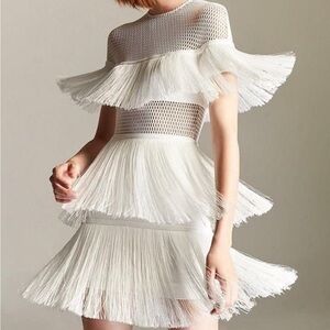 White Fringe Mesh Tiered Mini Dress